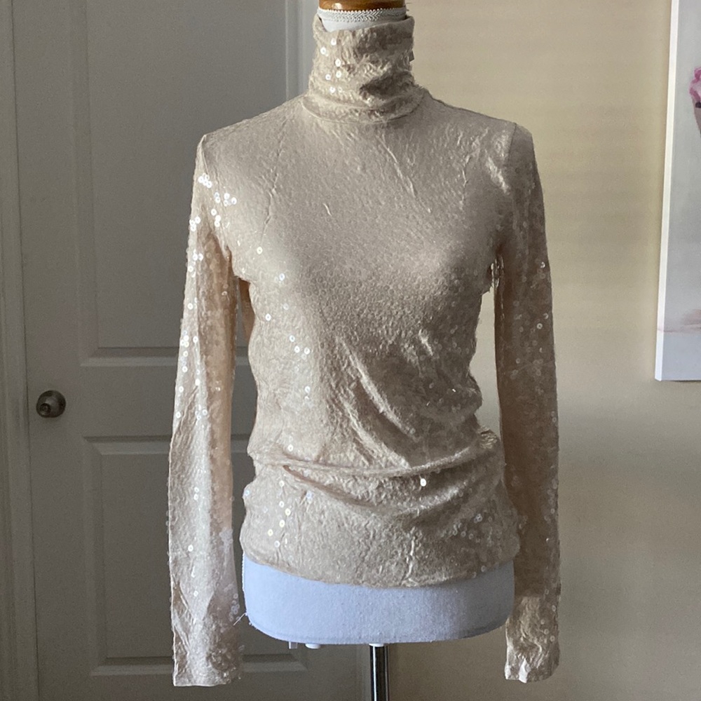 Cream Colored Sequins High Neck Top